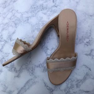 Peach lace and silk slip on heels